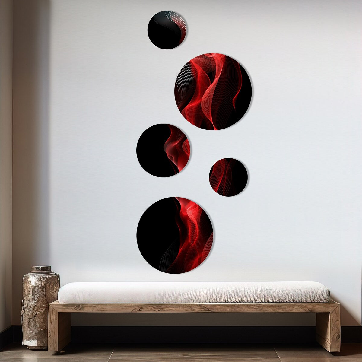 Designart Red Black Contemplative Abstraction IX Modern Waves - Ensemble de 5 décorations murales rondes en métal