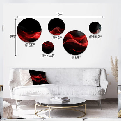 Designart Red Black Contemplative Abstraction IX Modern Waves - Ensemble de 5 décorations murales rondes en métal