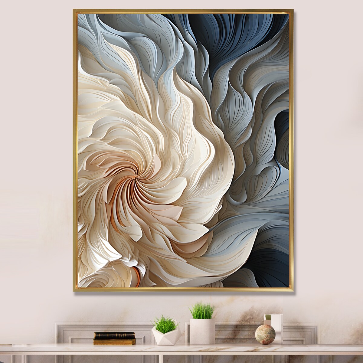 Designart White And Blue Feather Spiral II Abstract Geometric Blue Wall Decor - Modern Entryway Framed Wall Art