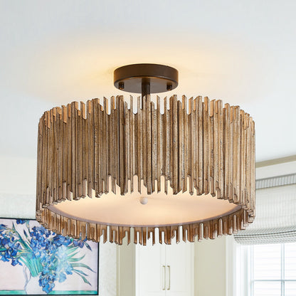 Suspension à 3 lumières en bois blanc vieilli, style tambour, à fixer au plafond