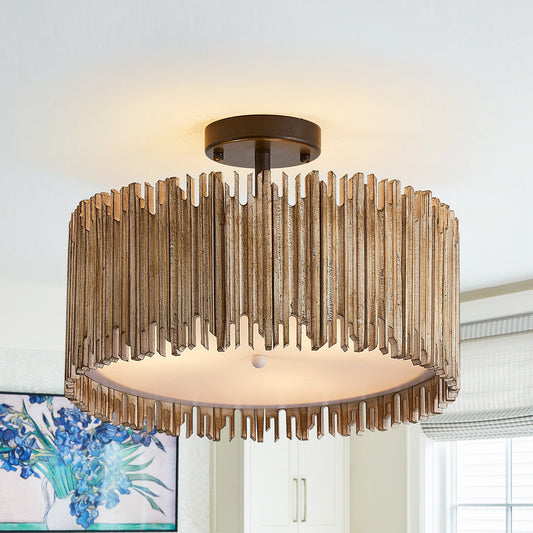 Suspension à 3 lumières en bois blanc vieilli, style tambour, à fixer au plafond