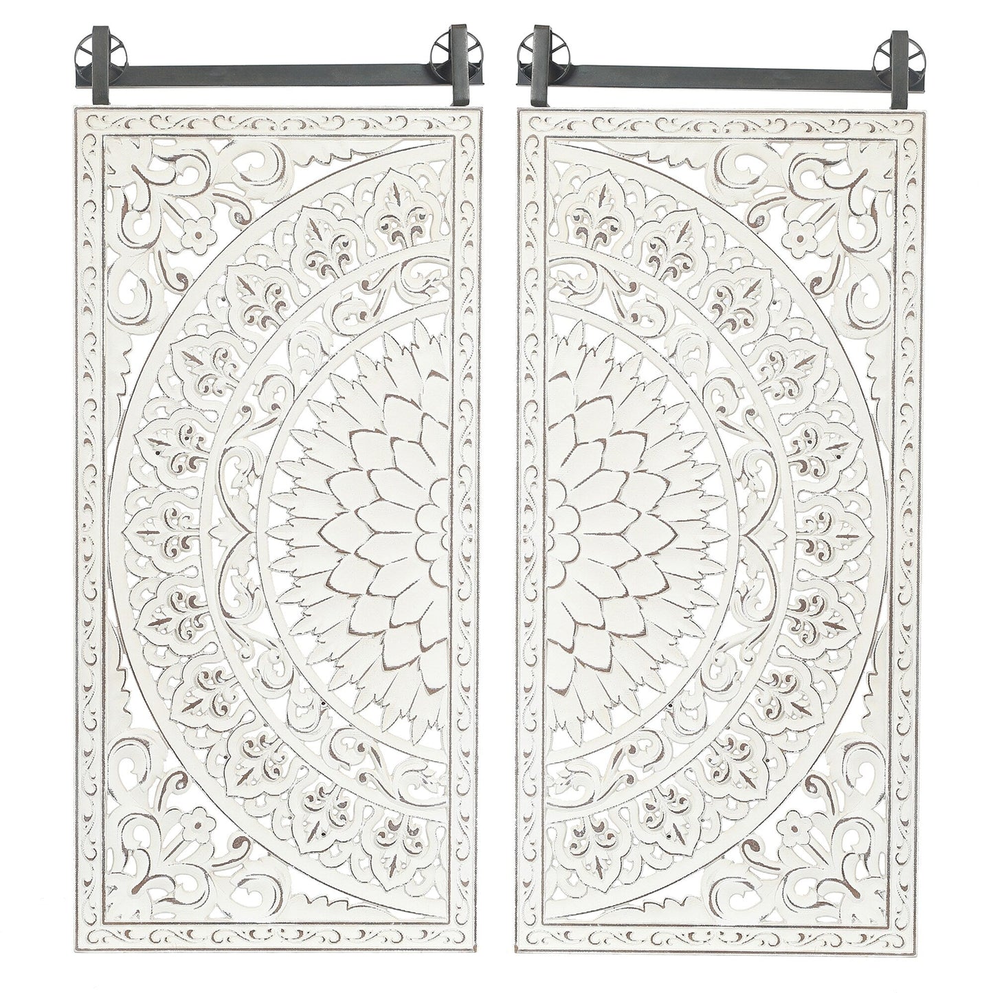 Décoration murale en bois blanc ivoire patiné avec accents noirs (lot de 2)