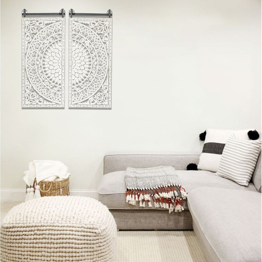 Décoration murale en bois blanc ivoire patiné avec accents noirs (lot de 2)