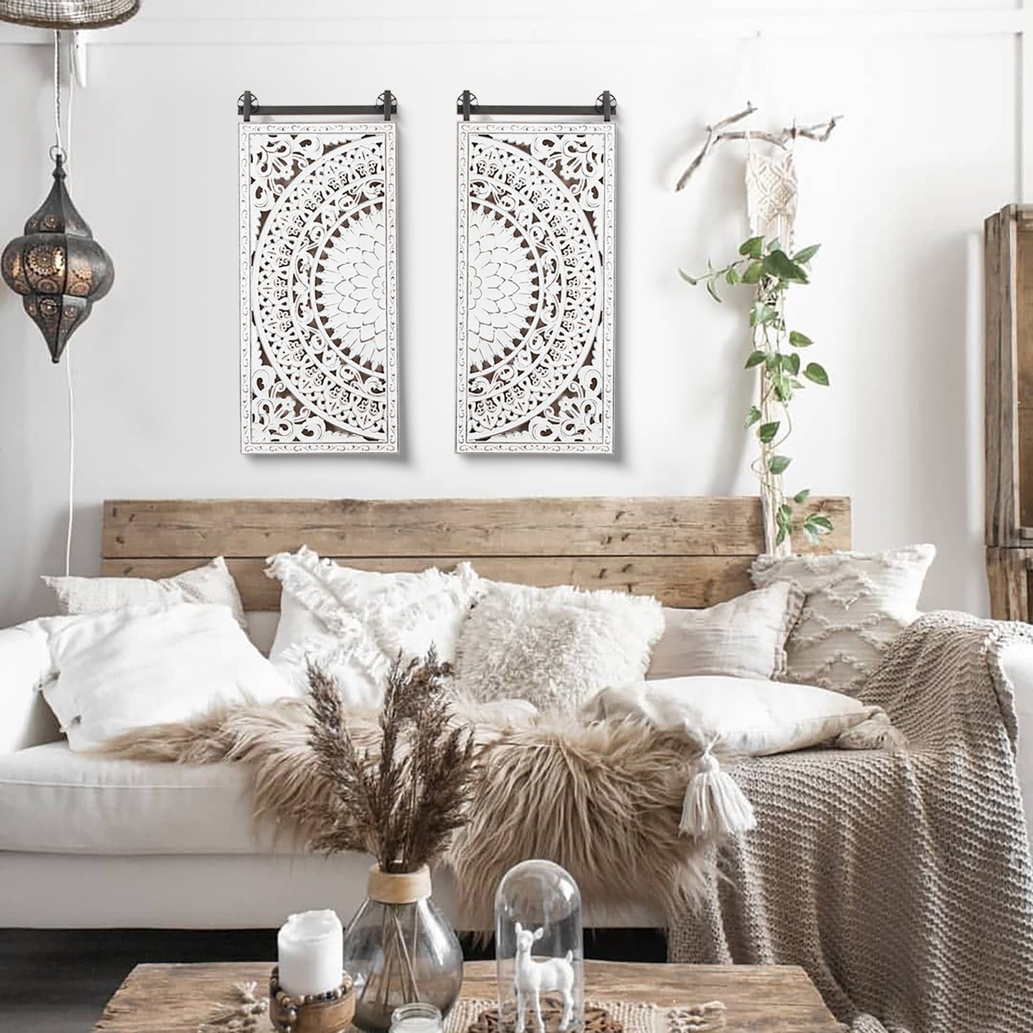 Décoration murale en bois blanc ivoire patiné avec accents noirs (lot de 2)