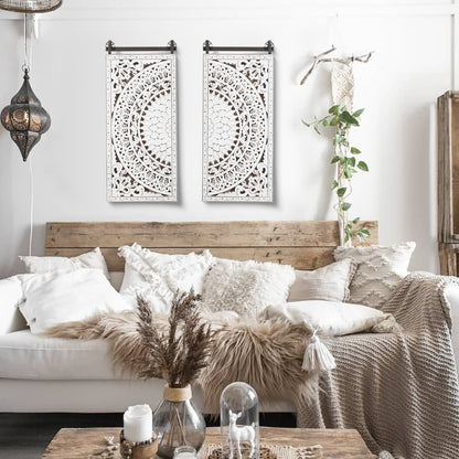 Décoration murale en bois blanc ivoire patiné avec accents noirs (lot de 2)