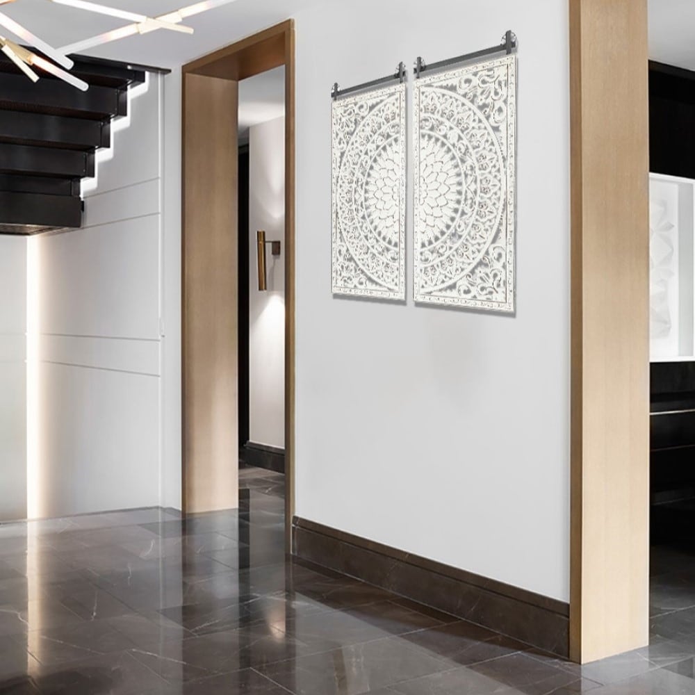 Décoration murale en bois blanc ivoire patiné avec accents noirs (lot de 2)