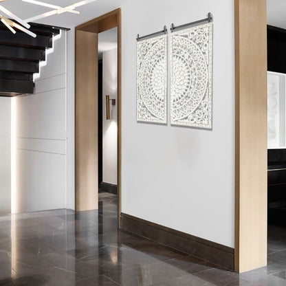 Décoration murale en bois blanc ivoire patiné avec accents noirs (lot de 2)