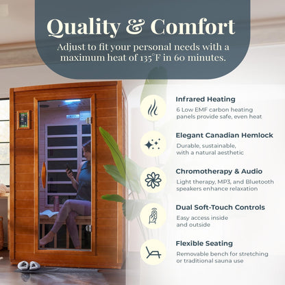 Sauna infrarouge à faible rayonnement électromagnétique (REM) Dynamic Saunas Andora pour 2 personnes, en bois d'épicéa du Canada.