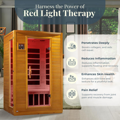Sauna infrarouge à faible rayonnement électromagnétique (REM) Dynamic Saunas Andora pour 2 personnes, en bois d'épicéa du Canada.
