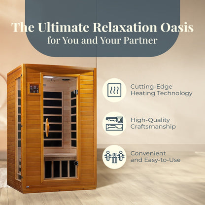 Sauna infrarouge à faible rayonnement électromagnétique (REM) Dynamic Saunas Andora pour 2 personnes, en bois d'épicéa du Canada.