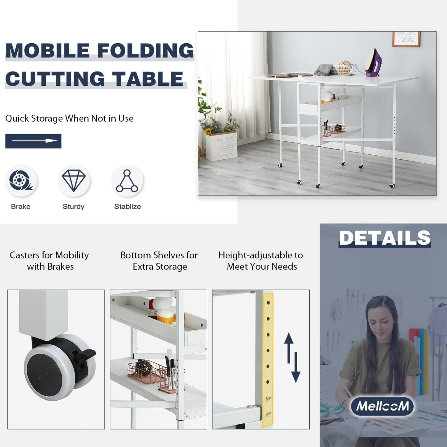 Table d'artisanat à hauteur réglable avec étagères de rangement, table de coupe pliable mobile pour le bureau à domicile, la salle de couture, la salle d'artisanat.