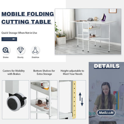 Table d'artisanat à hauteur réglable avec étagères de rangement, table de coupe pliable mobile pour le bureau à domicile, la salle de couture, la salle d'artisanat.