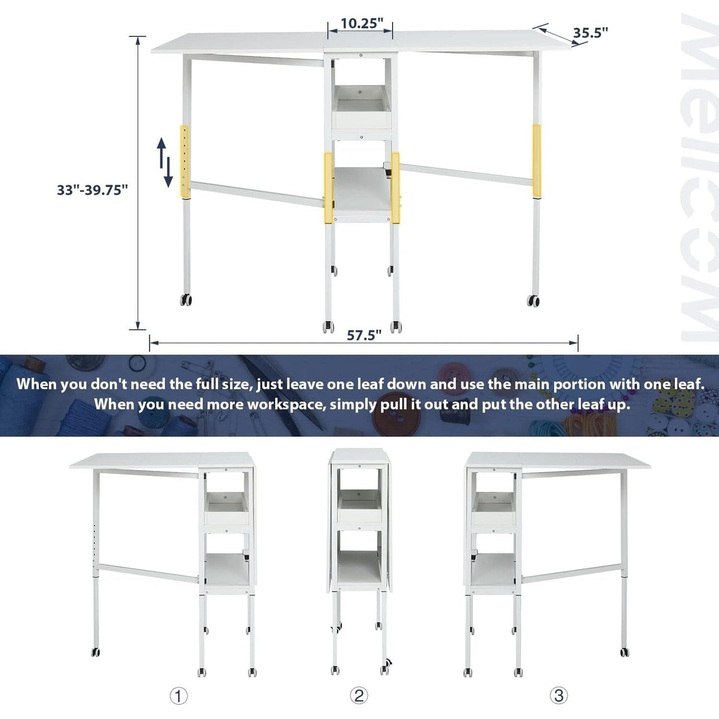 Table d'artisanat à hauteur réglable avec étagères de rangement, table de coupe pliable mobile pour le bureau à domicile, la salle de couture, la salle d'artisanat.