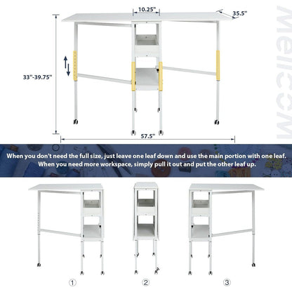 Table d'artisanat à hauteur réglable avec étagères de rangement, table de coupe pliable mobile pour le bureau à domicile, la salle de couture, la salle d'artisanat.