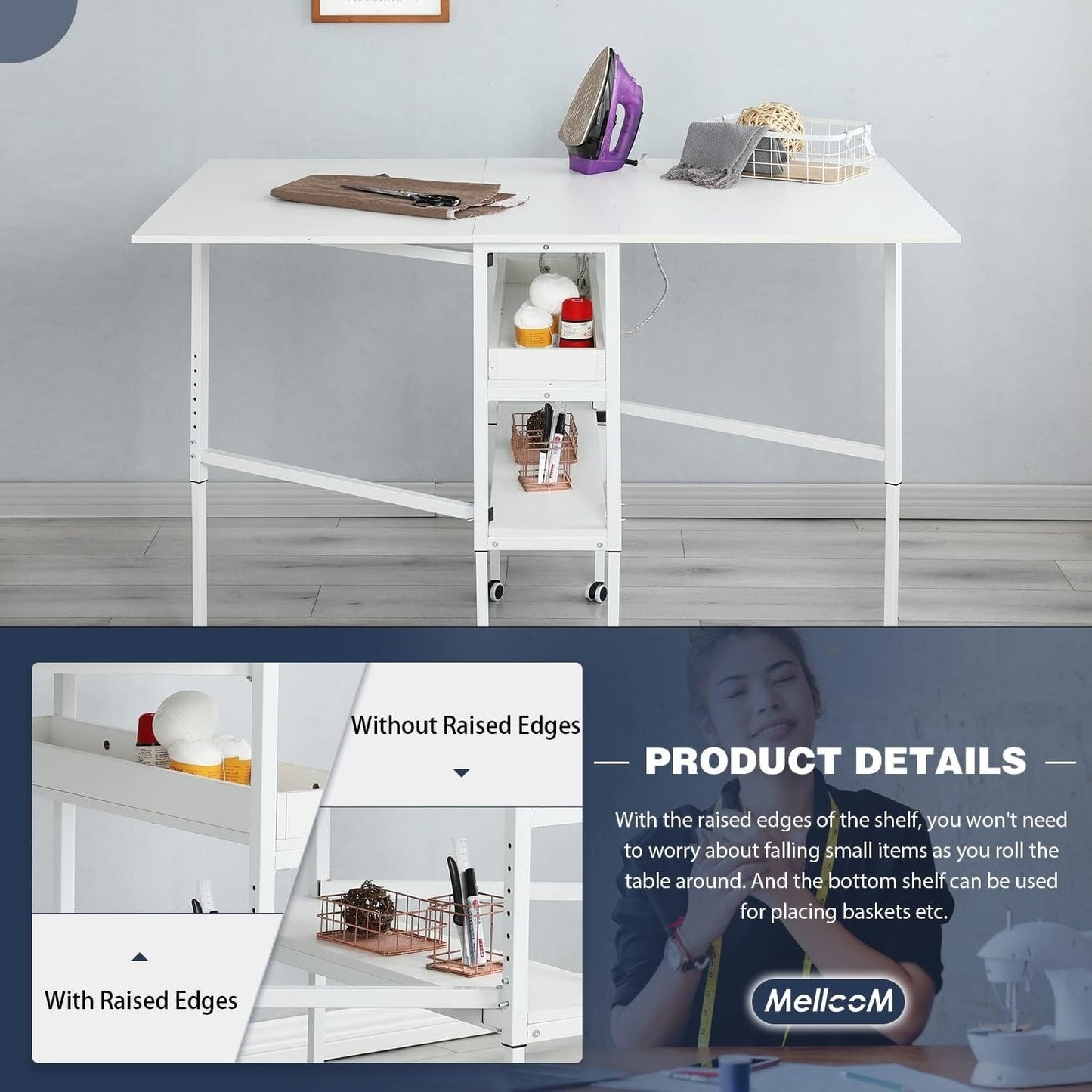 Table d'artisanat à hauteur réglable avec étagères de rangement, table de coupe pliable mobile pour le bureau à domicile, la salle de couture, la salle d'artisanat.