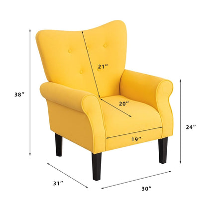 Fauteuil d'appoint moderne Erommy, fauteuil à dossier haut, canapé simple recouvert de tissu avec boutons et pieds en bois pour salon.
