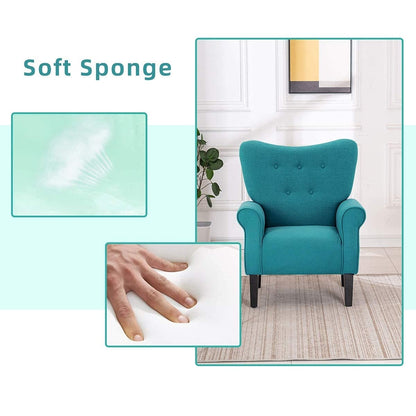 Fauteuil d'appoint moderne Erommy, fauteuil à dossier haut, canapé simple recouvert de tissu avec boutons et pieds en bois pour salon.