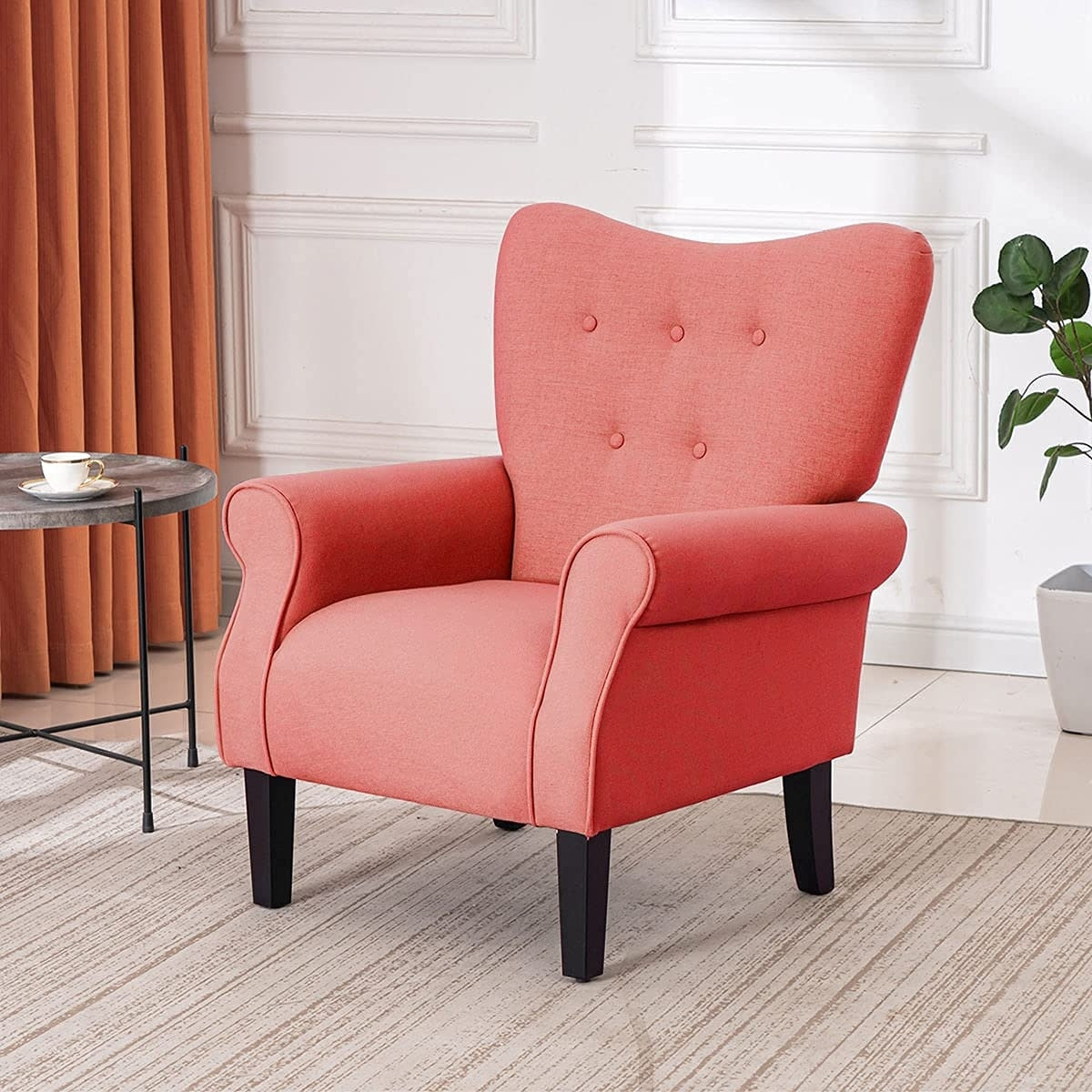 Fauteuil d'appoint moderne Erommy, fauteuil à dossier haut, canapé simple recouvert de tissu avec boutons et pieds en bois pour salon.