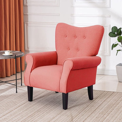 Fauteuil d'appoint moderne Erommy, fauteuil à dossier haut, canapé simple recouvert de tissu avec boutons et pieds en bois pour salon.