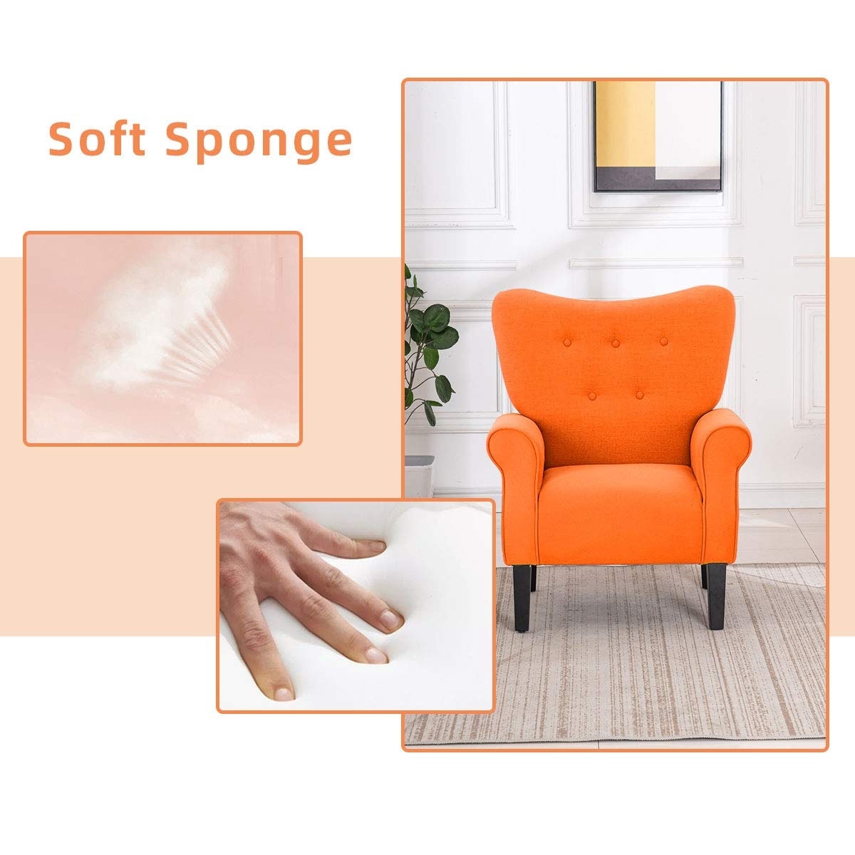 Fauteuil d'appoint moderne Erommy, fauteuil à dossier haut, canapé simple recouvert de tissu avec boutons et pieds en bois pour salon.