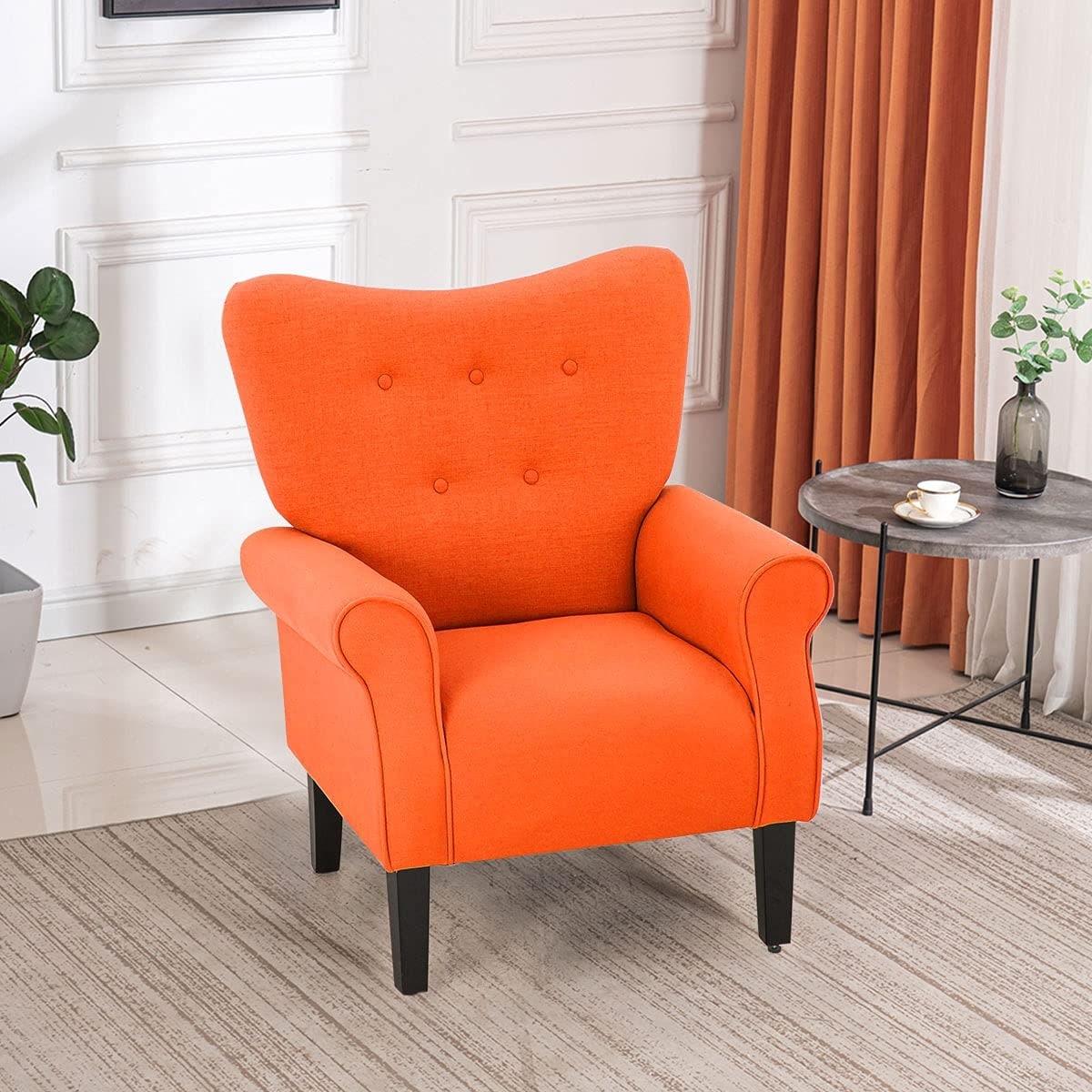 Fauteuil d'appoint moderne Erommy, fauteuil à dossier haut, canapé simple recouvert de tissu avec boutons et pieds en bois pour salon.