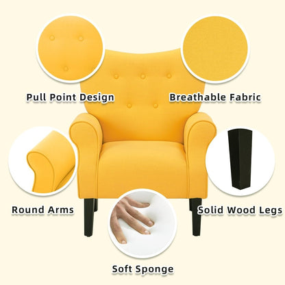Fauteuil d'appoint moderne Erommy, fauteuil à dossier haut, canapé simple recouvert de tissu avec boutons et pieds en bois pour salon.