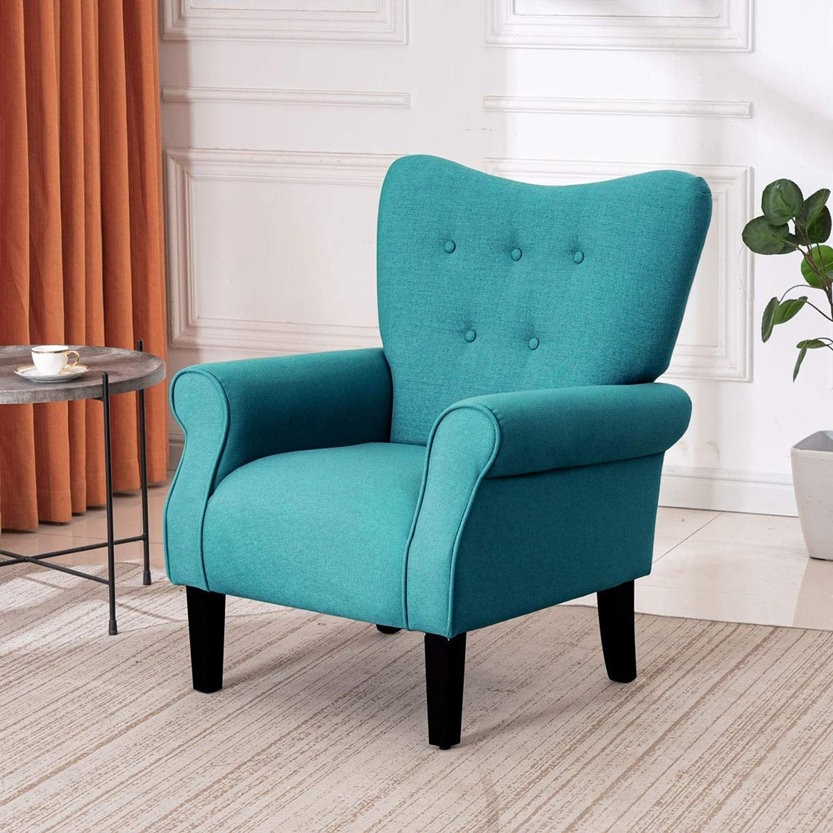 Fauteuil d'appoint moderne Erommy, fauteuil à dossier haut, canapé simple recouvert de tissu avec boutons et pieds en bois pour salon.