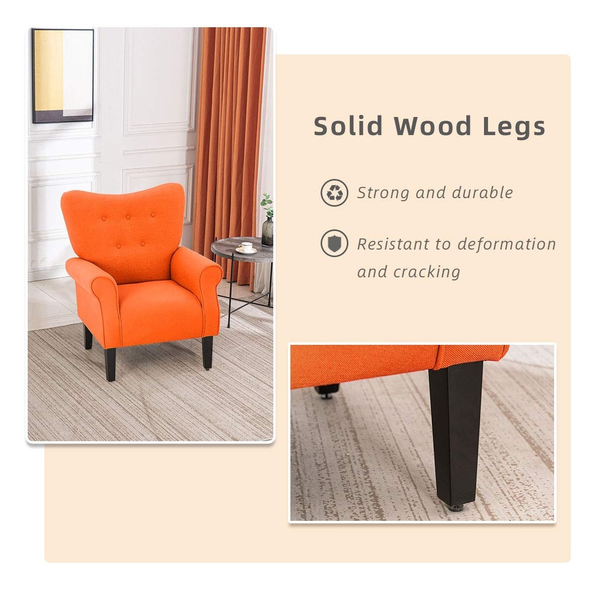 Fauteuil d'appoint moderne Erommy, fauteuil à dossier haut, canapé simple recouvert de tissu avec boutons et pieds en bois pour salon.