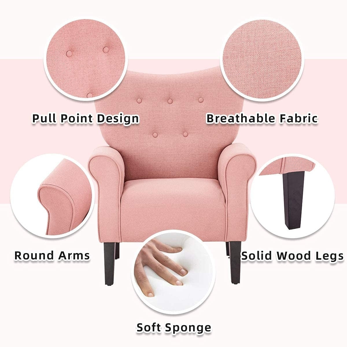 Fauteuil d'appoint moderne Erommy, fauteuil à dossier haut, canapé simple recouvert de tissu avec boutons et pieds en bois pour salon.