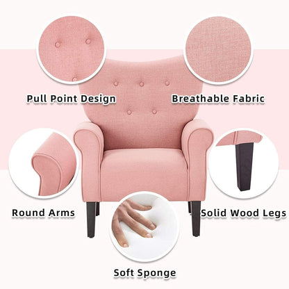 Fauteuil d'appoint moderne Erommy, fauteuil à dossier haut, canapé simple recouvert de tissu avec boutons et pieds en bois pour salon.