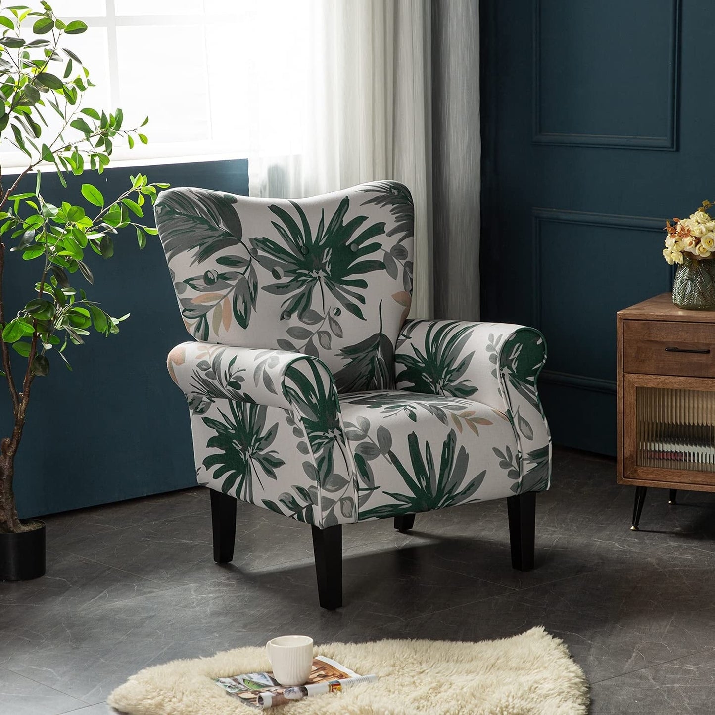 Fauteuil d'appoint moderne Erommy, fauteuil à dossier haut, canapé simple recouvert de tissu avec boutons et pieds en bois pour salon.