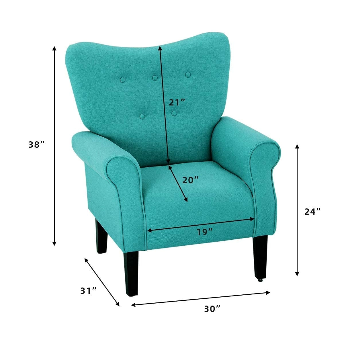 Fauteuil d'appoint moderne Erommy, fauteuil à dossier haut, canapé simple recouvert de tissu avec boutons et pieds en bois pour salon.