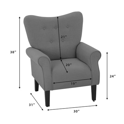 Fauteuil d'appoint moderne Erommy, fauteuil à dossier haut, canapé simple recouvert de tissu avec boutons et pieds en bois pour salon.