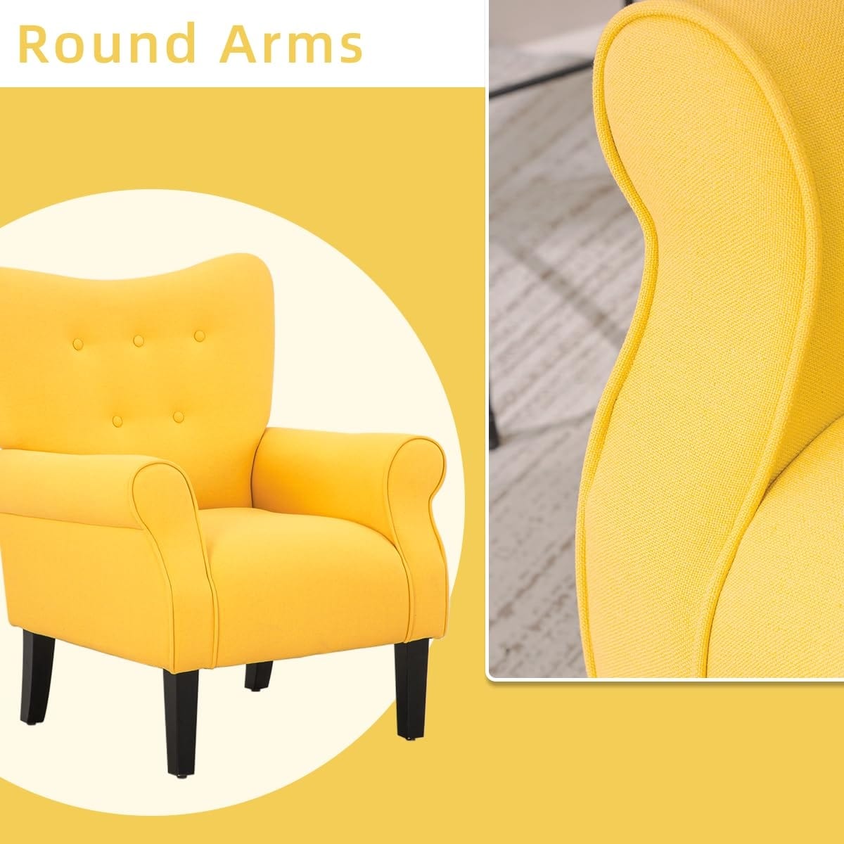 Fauteuil d'appoint moderne Erommy, fauteuil à dossier haut, canapé simple recouvert de tissu avec boutons et pieds en bois pour salon.