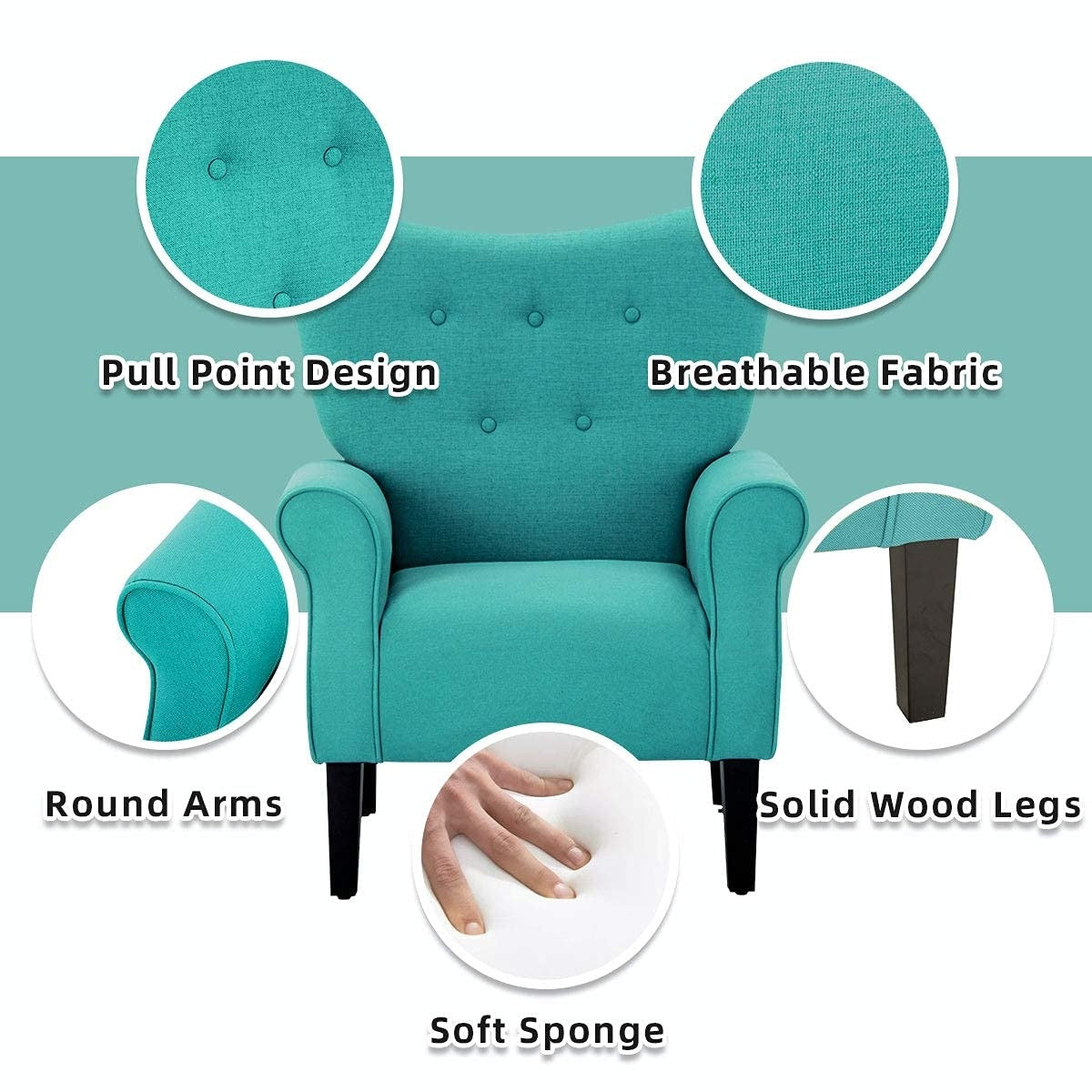 Fauteuil d'appoint moderne Erommy, fauteuil à dossier haut, canapé simple recouvert de tissu avec boutons et pieds en bois pour salon.