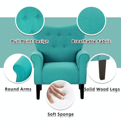 Fauteuil d'appoint moderne Erommy, fauteuil à dossier haut, canapé simple recouvert de tissu avec boutons et pieds en bois pour salon.