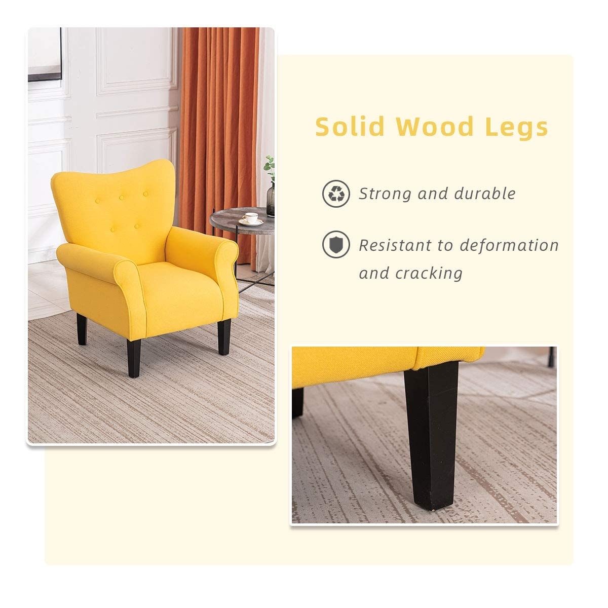 Fauteuil d'appoint moderne Erommy, fauteuil à dossier haut, canapé simple recouvert de tissu avec boutons et pieds en bois pour salon.