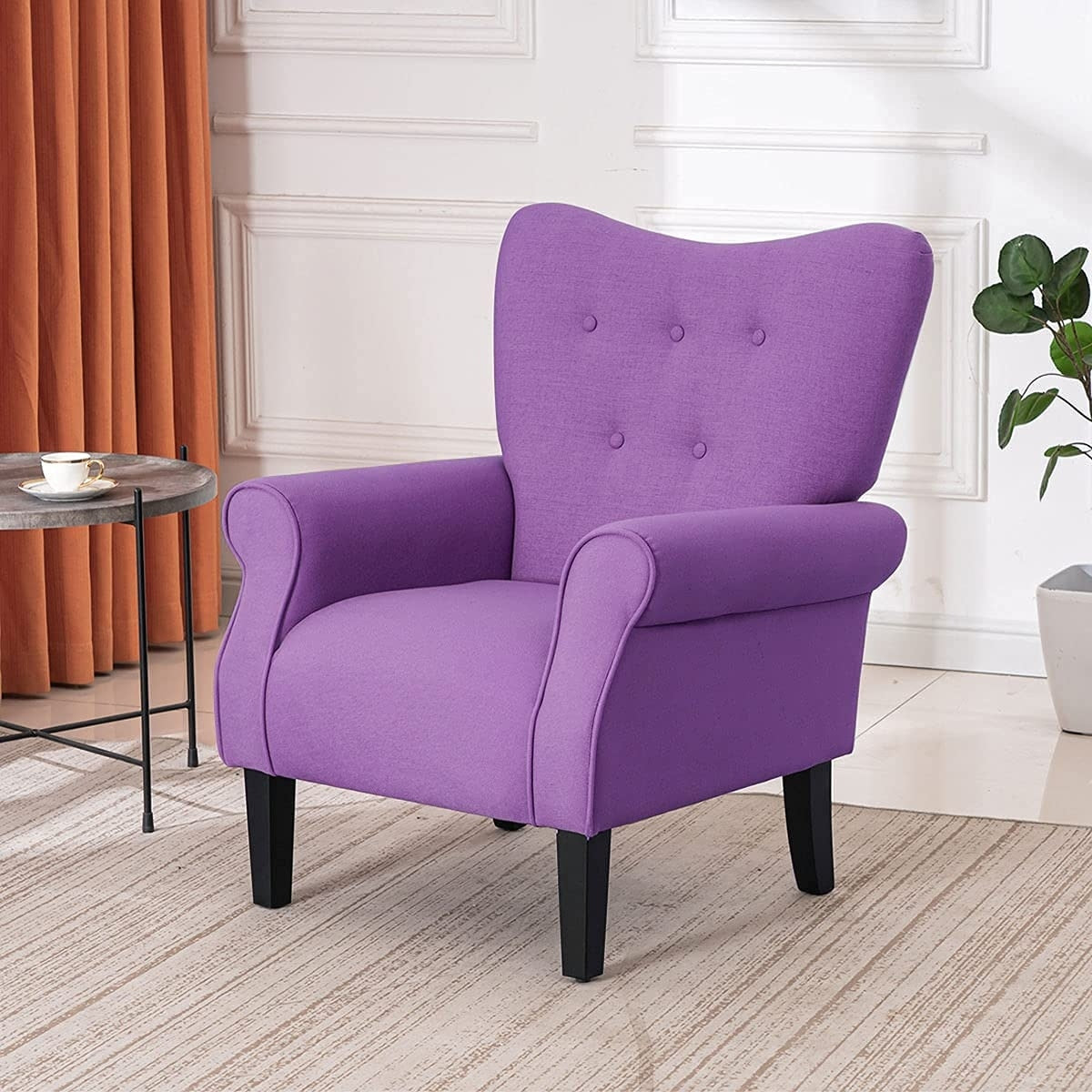 Fauteuil d'appoint moderne Erommy, fauteuil à dossier haut, canapé simple recouvert de tissu avec boutons et pieds en bois pour salon.