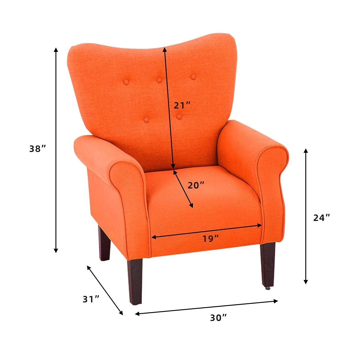 Fauteuil d'appoint moderne Erommy, fauteuil à dossier haut, canapé simple recouvert de tissu avec boutons et pieds en bois pour salon.