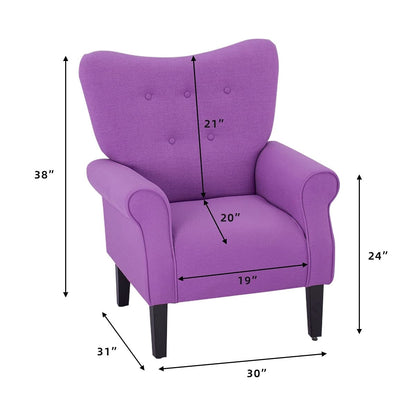 Fauteuil d'appoint moderne Erommy, fauteuil à dossier haut, canapé simple recouvert de tissu avec boutons et pieds en bois pour salon.