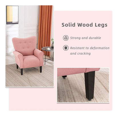 Fauteuil d'appoint moderne Erommy, fauteuil à dossier haut, canapé simple recouvert de tissu avec boutons et pieds en bois pour salon.