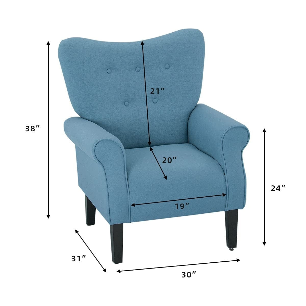 Fauteuil d'appoint moderne Erommy, fauteuil à dossier haut, canapé simple recouvert de tissu avec boutons et pieds en bois pour salon.
