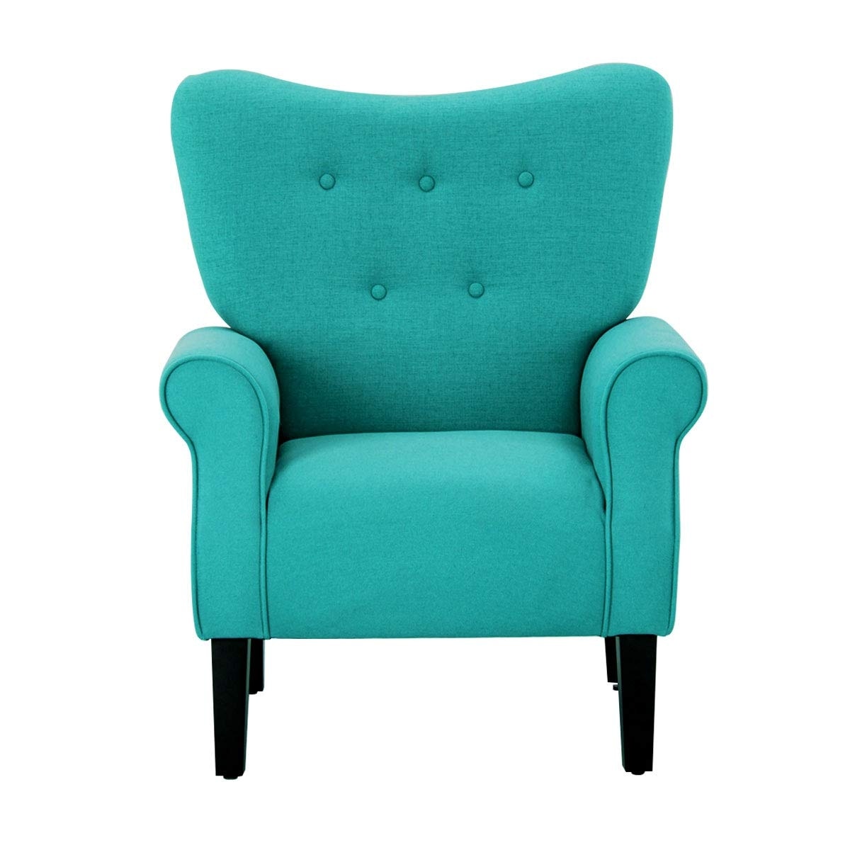 Fauteuil d'appoint moderne Erommy, fauteuil à dossier haut, canapé simple recouvert de tissu avec boutons et pieds en bois pour salon.