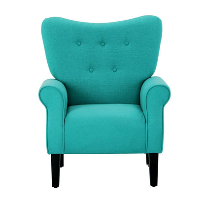 Fauteuil d'appoint moderne Erommy, fauteuil à dossier haut, canapé simple recouvert de tissu avec boutons et pieds en bois pour salon.