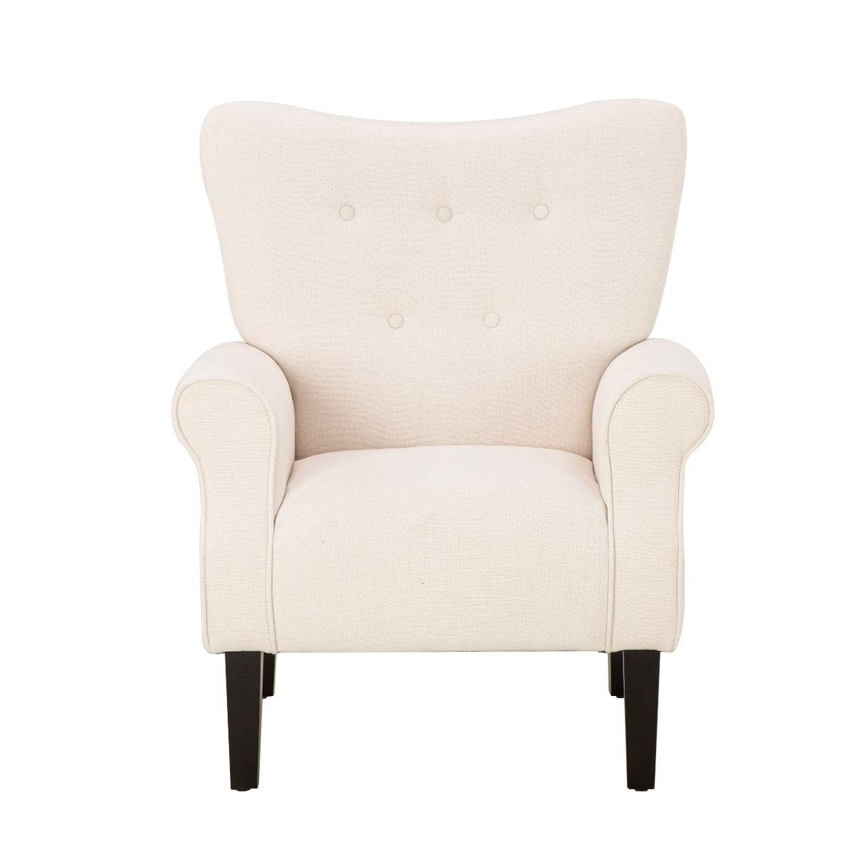 Fauteuil d'appoint moderne Erommy, fauteuil à dossier haut, canapé simple recouvert de tissu avec boutons et pieds en bois pour salon.