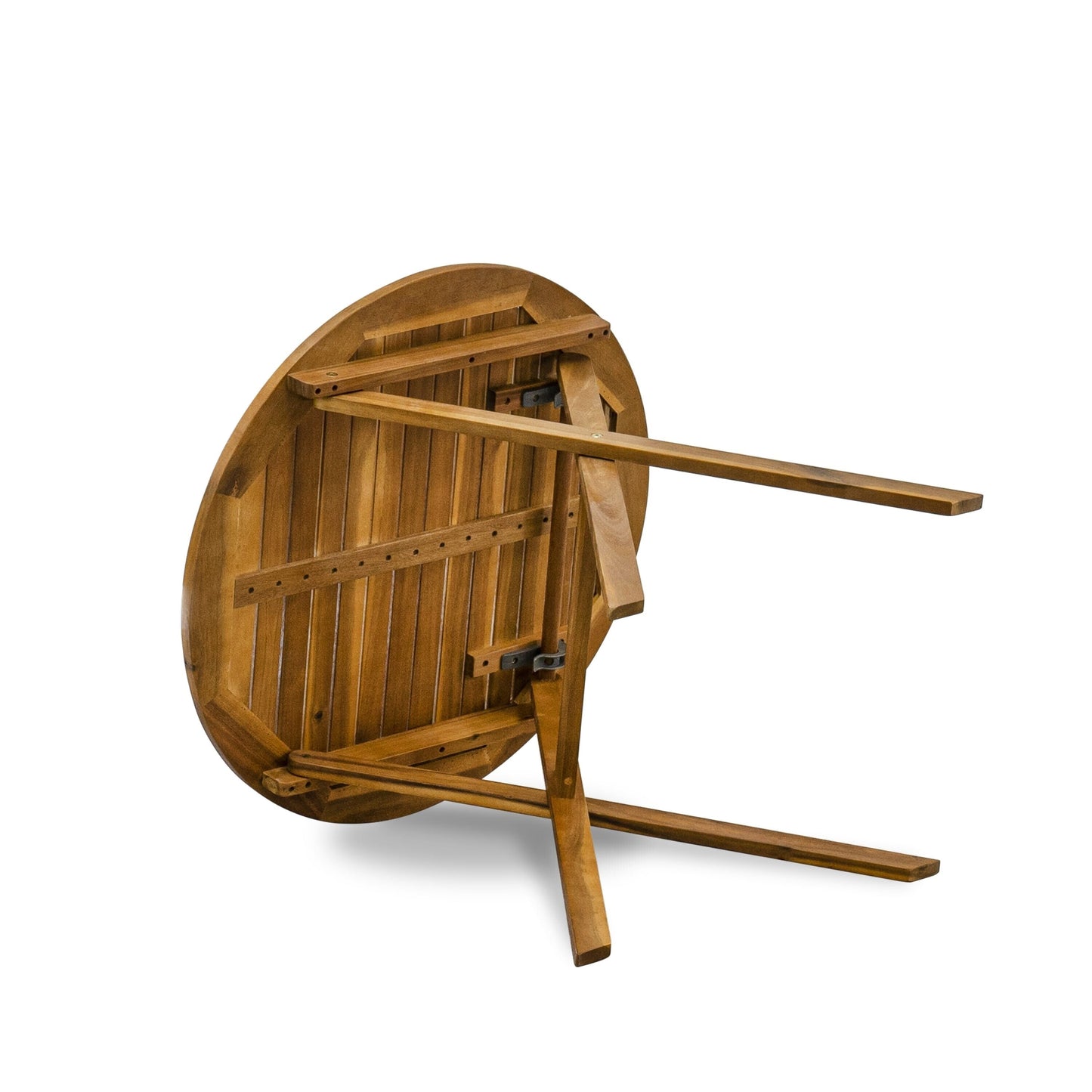 East West Furniture Ensemble de Bistro d'extérieur pour conversation comprenant une table basse ronde en bois et 2 chaises latérales pliantes, finition naturelle huilée.