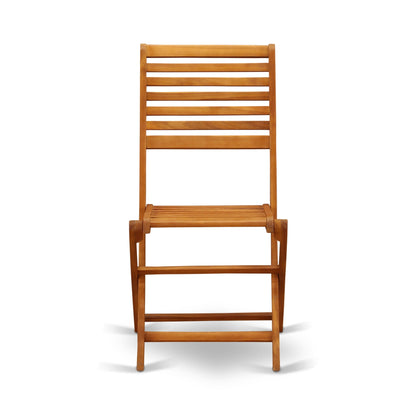 East West Furniture Ensemble de Bistro d'extérieur pour conversation comprenant une table basse ronde en bois et 2 chaises latérales pliantes, finition naturelle huilée.