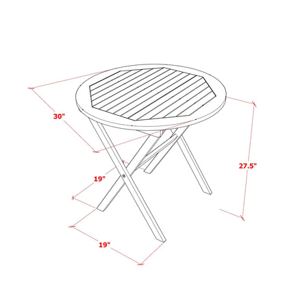 East West Furniture Ensemble de Bistro d'extérieur pour conversation comprenant une table basse ronde en bois et 2 chaises latérales pliantes, finition naturelle huilée.