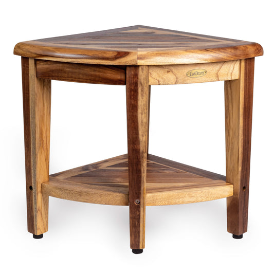 EcoDecors, Banc de douche d'angle Snazzy, Tabouret de douche en teck, Tabouret d'angle pour douche, Banc d'angle pour douche en teck, avec étagère
