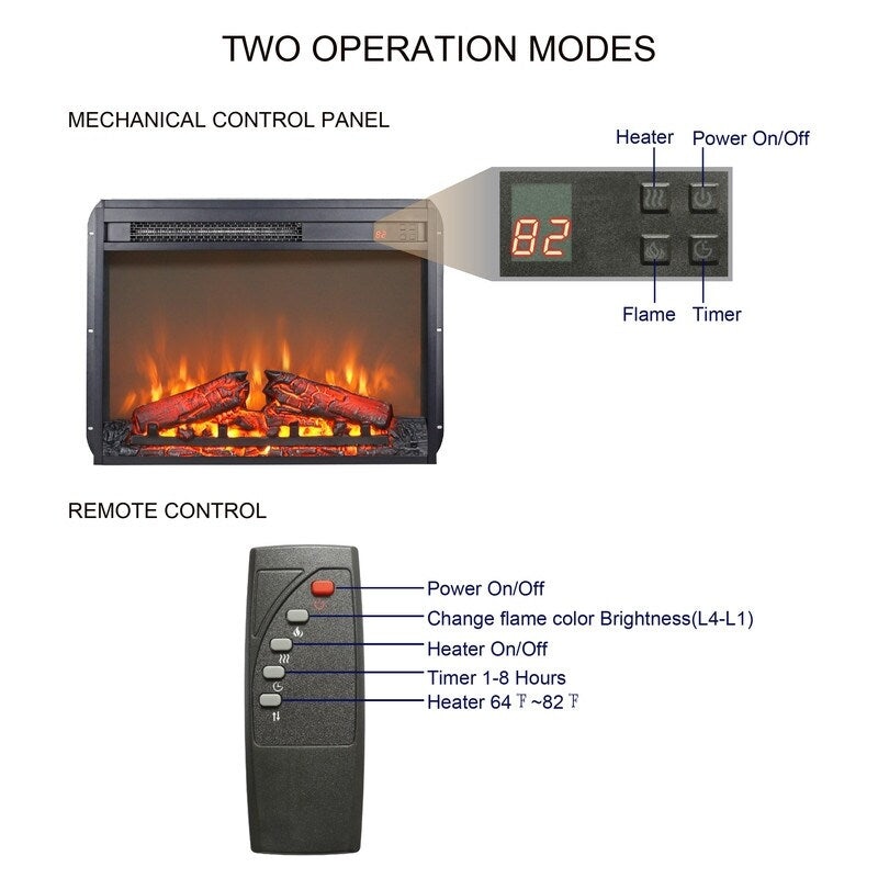 Insert de cheminée électrique avec réglage de la chaleur, de la luminosité, minuterie et protection contre la surchauffe, 1400W, homologué CSA.
